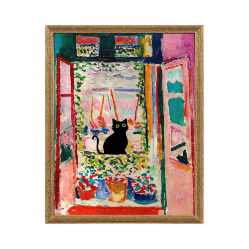 Monet’s "Water Lilies with Black Cat" – Premium Framed Vintage Canvas