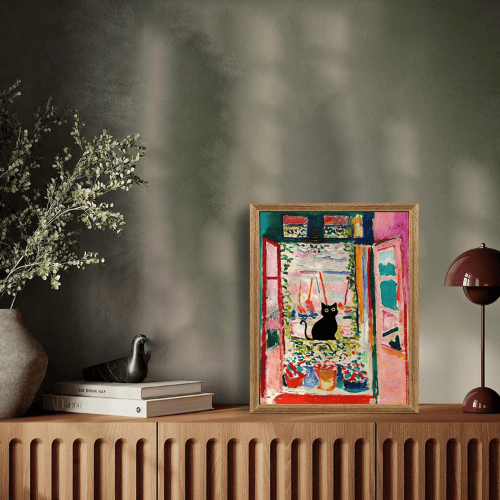 Monet’s "Water Lilies with Black Cat" – Premium Framed Vintage Canvas