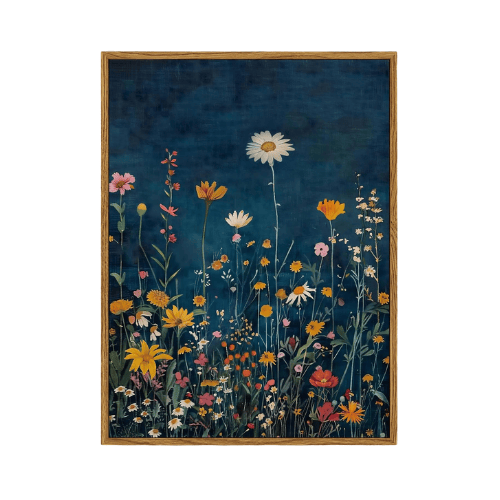 Vibrant "Midnight Meadow" Framed Canvas – Rustic Dark Blue Botanical Wall Art