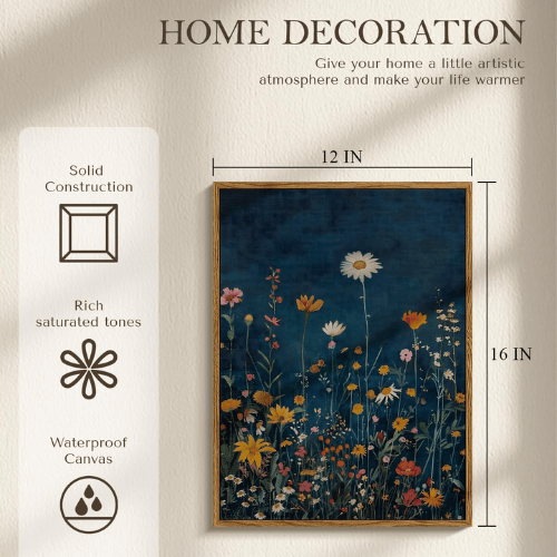 Vibrant "Midnight Meadow" Framed Canvas – Rustic Dark Blue Botanical Wall Art