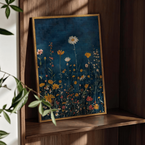 Vibrant "Midnight Meadow" Framed Canvas – Rustic Dark Blue Botanical Wall Art