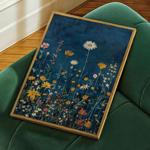 Vibrant "Midnight Meadow" Framed Canvas – Rustic Dark Blue Botanical Wall Art