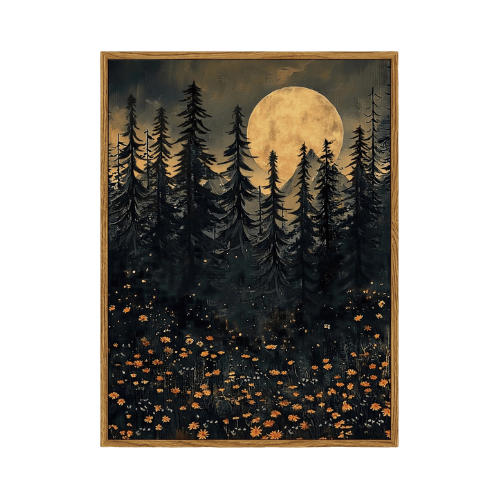 Autumn "Midnight Pine" Framed Canvas – Full Moon & Wildflower Forest