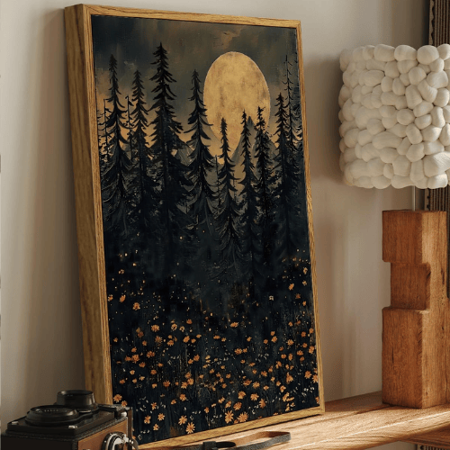 Autumn "Midnight Pine" Framed Canvas – Full Moon & Wildflower Forest