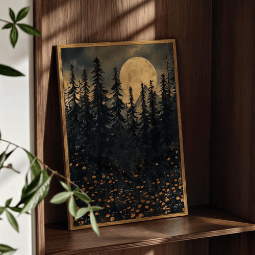Autumn "Midnight Pine" Framed Canvas – Full Moon & Wildflower Forest
