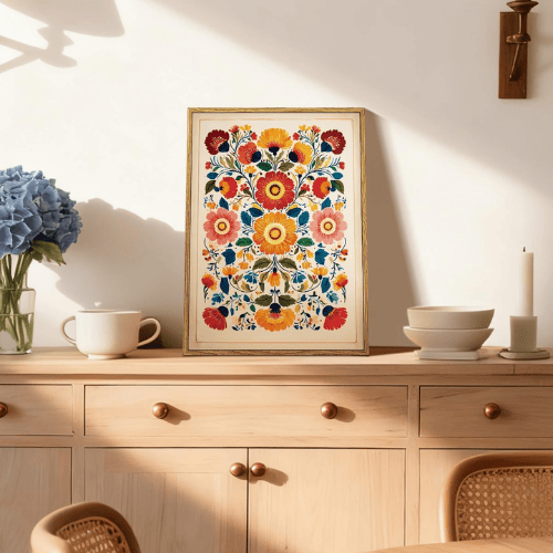 Symmetrical "Boho Bloom" Framed Canvas – Vintage Still Life Floral Wall Art