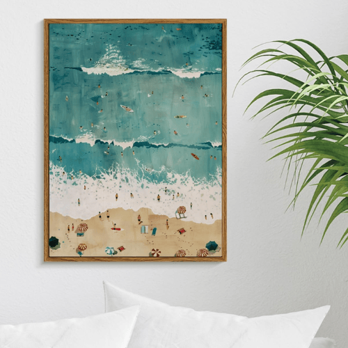 Modern "Aerial Azure" Framed Canvas – Tropical Seaside Wave Print