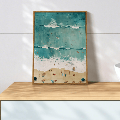 Modern "Aerial Azure" Framed Canvas – Tropical Seaside Wave Print