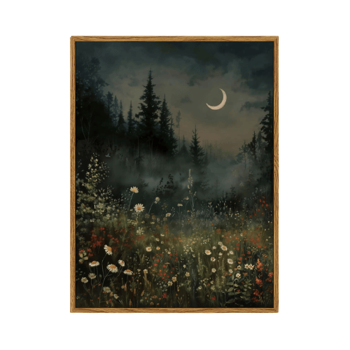 Crescent Moon "Midnight Meadow" Framed Canvas
