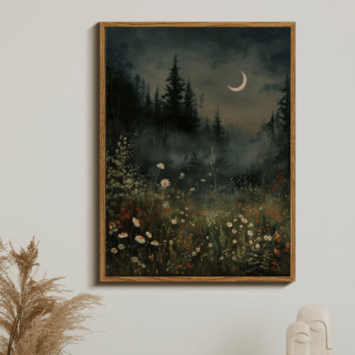 Crescent Moon "Midnight Meadow" Framed Canvas