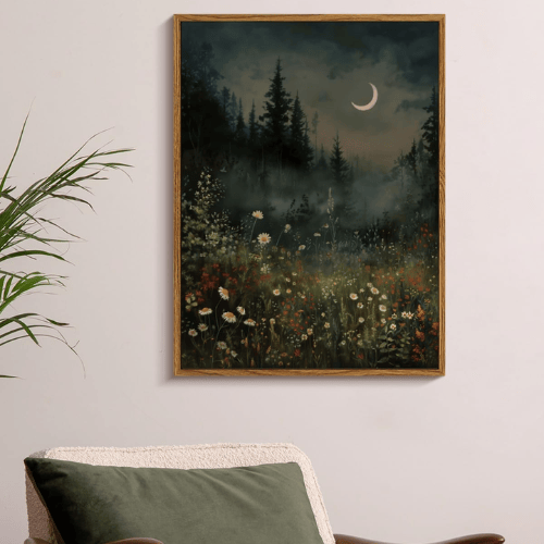 Crescent Moon "Midnight Meadow" Framed Canvas