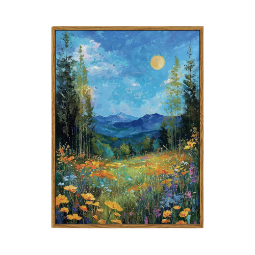 Vintage "Moonlit Meadow" Framed Canvas – Vibrant Blue Mountain & Floral Landscape
