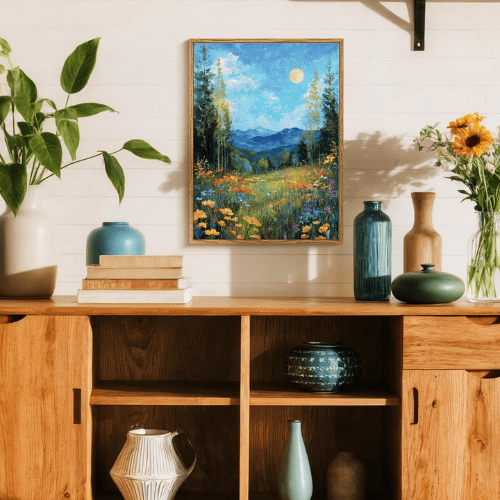 Vintage "Moonlit Meadow" Framed Canvas – Vibrant Blue Mountain & Floral Landscape