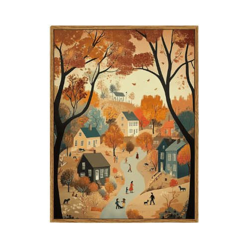 Autumn "Harvest Village" Framed Canvas – Rustic Country Fall Landscape
