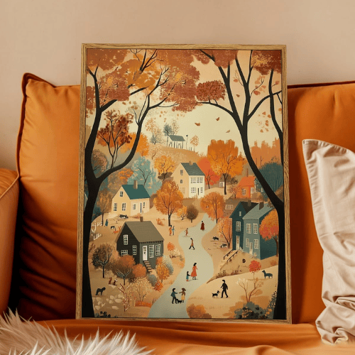Autumn "Harvest Village" Framed Canvas – Rustic Country Fall Landscape
