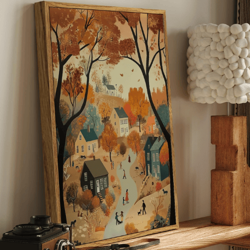 Autumn "Harvest Village" Framed Canvas – Rustic Country Fall Landscape