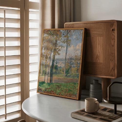 Mediterranean "Azure Balcony" Framed Canvas – Coastal Ocean View with Orange Tree