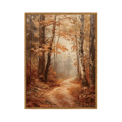 Autumn "Gilded Trail" Framed Canvas – Rustic Woodland Path & Falling Leaves