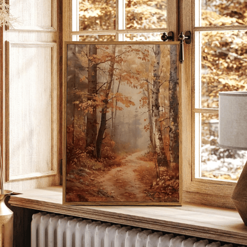 Autumn "Gilded Trail" Framed Canvas – Rustic Woodland Path & Falling Leaves