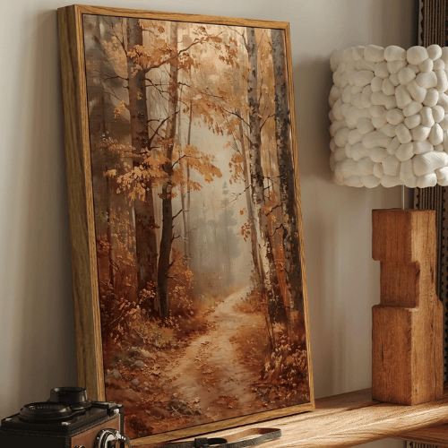 Autumn "Gilded Trail" Framed Canvas – Rustic Woodland Path & Falling Leaves