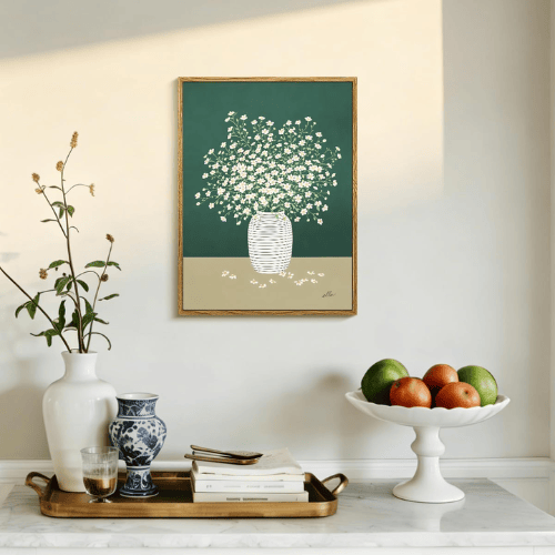 Minimalist "Fresh Daisy" Framed Canvas – Modern Green Botanical Still Life