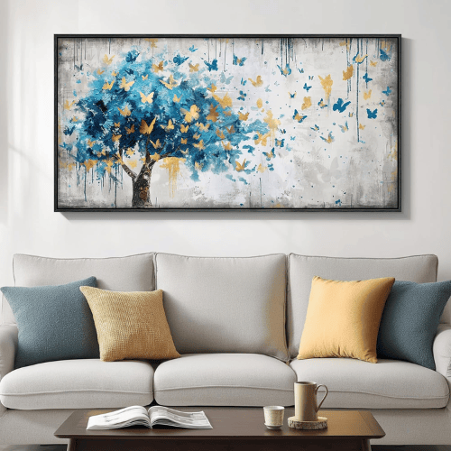 Modern "Golden Metamorphosis" Tree of Life – Abstract Blue & Gold Framed Canvas