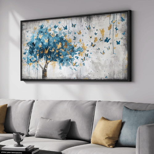 Modern "Golden Metamorphosis" Tree of Life – Abstract Blue & Gold Framed Canvas