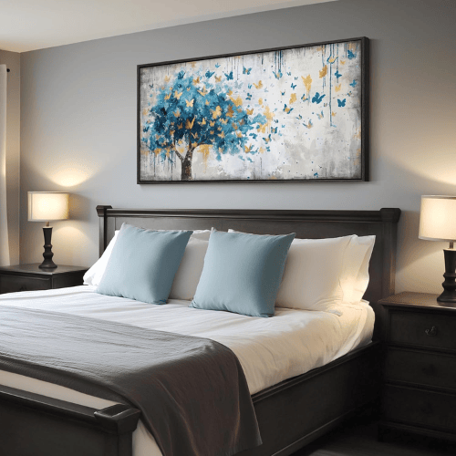 Modern "Golden Metamorphosis" Tree of Life – Abstract Blue & Gold Framed Canvas