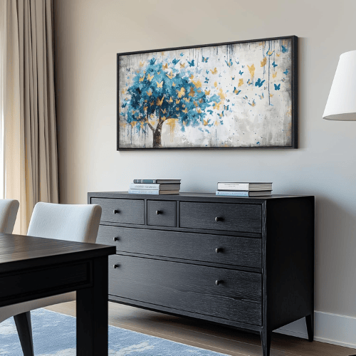 Modern "Golden Metamorphosis" Tree of Life – Abstract Blue & Gold Framed Canvas