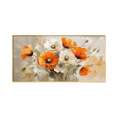 Modern "Springtime Melody" Gold Framed Canvas – Vibrant Orange & White Poppy Floral