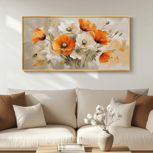 Modern "Springtime Melody" Gold Framed Canvas – Vibrant Orange & White Poppy Floral