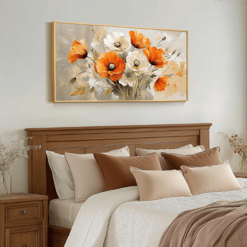 Modern "Springtime Melody" Gold Framed Canvas – Vibrant Orange & White Poppy Floral