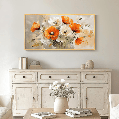 Modern "Springtime Melody" Gold Framed Canvas – Vibrant Orange & White Poppy Floral