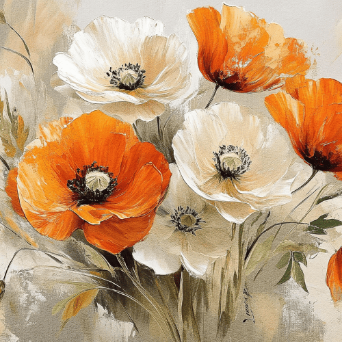 Modern "Springtime Melody" Gold Framed Canvas – Vibrant Orange & White Poppy Floral