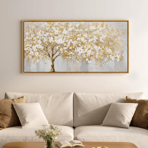 Modern "Golden Teak" Tree of Life – Neutral Gray & White Framed Canvas