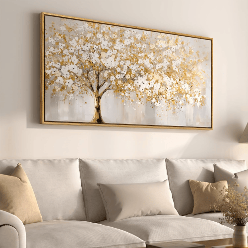 Modern "Golden Teak" Tree of Life – Neutral Gray & White Framed Canvas