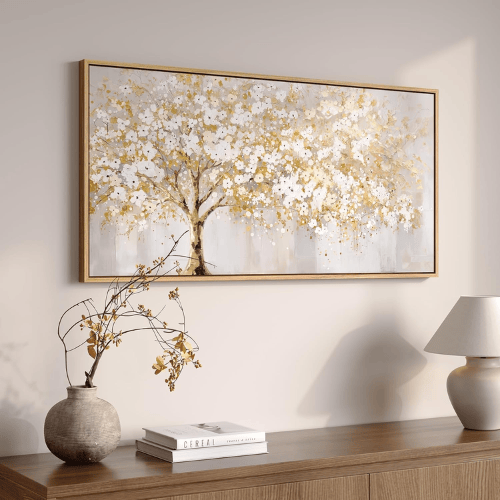 Modern "Golden Teak" Tree of Life – Neutral Gray & White Framed Canvas
