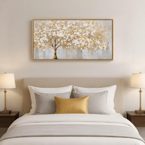Modern "Washed Willow" Tree of Life – Neutral Beige & Gray Framed Canvas
