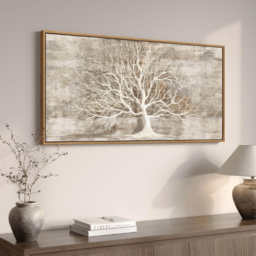 Modern "Washed Willow" Tree of Life – Neutral Beige & Gray Framed Canvas