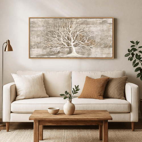 Modern "Washed Willow" Tree of Life – Neutral Beige & Gray Framed Canvas