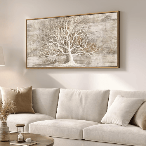 Modern "Washed Willow" Tree of Life – Neutral Beige & Gray Framed Canvas