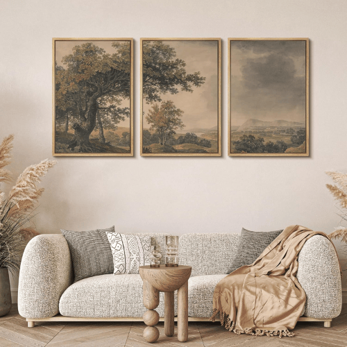 Vintage "Mountain & Meadow" 3-Piece Framed Set – Rustic Illustrated Nature Landscapes
