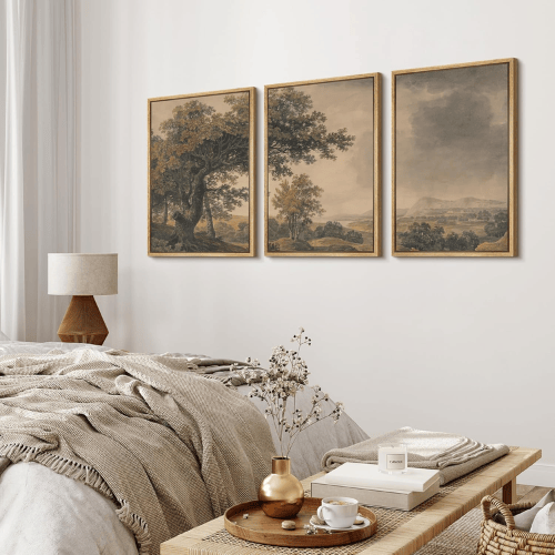 Vintage "Mountain & Meadow" 3-Piece Framed Set – Rustic Illustrated Nature Landscapes