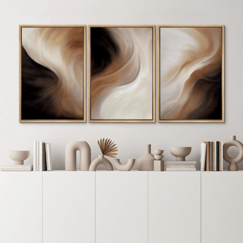 Abstract "Fluid Earth" 3-Piece Framed Set – Neutral Brown & Beige Organic Illustrations