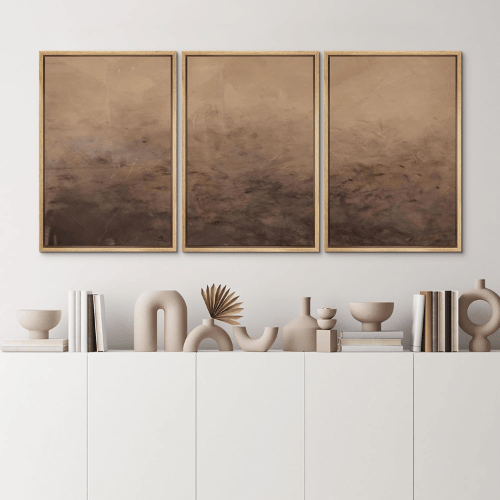 Abstract "Earthy Minimal" 3-Piece Framed Set – Neutral Brown & Terracotta Organic Illustrations