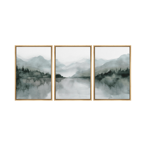 Modern "Misty Reflections" 3-Piece Framed Set – Serene Mountain Lake Watercolors