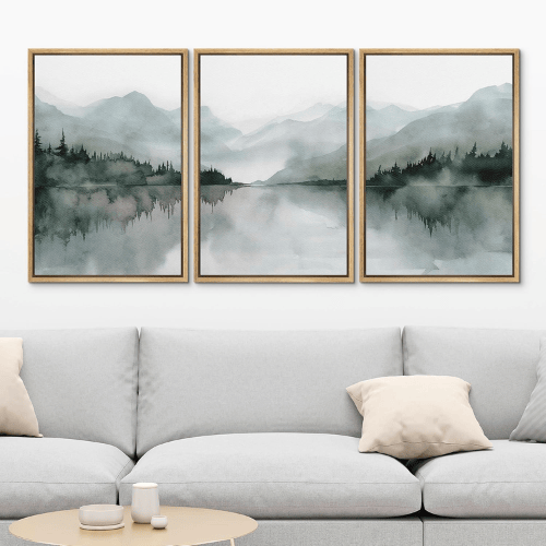 Modern "Misty Reflections" 3-Piece Framed Set – Serene Mountain Lake Watercolors