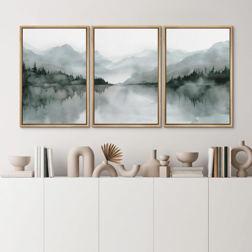 Modern "Misty Reflections" 3-Piece Framed Set – Serene Mountain Lake Watercolors