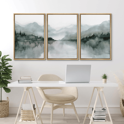 Modern "Misty Reflections" 3-Piece Framed Set – Serene Mountain Lake Watercolors