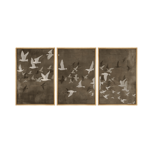 Modern "Earthy Flight" 3-Piece Framed Set – Abstract Birds in Flight Illustrations